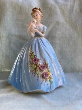 Vintage Josef Originals 9" Lady in blue gown with kitten porcelain figurine